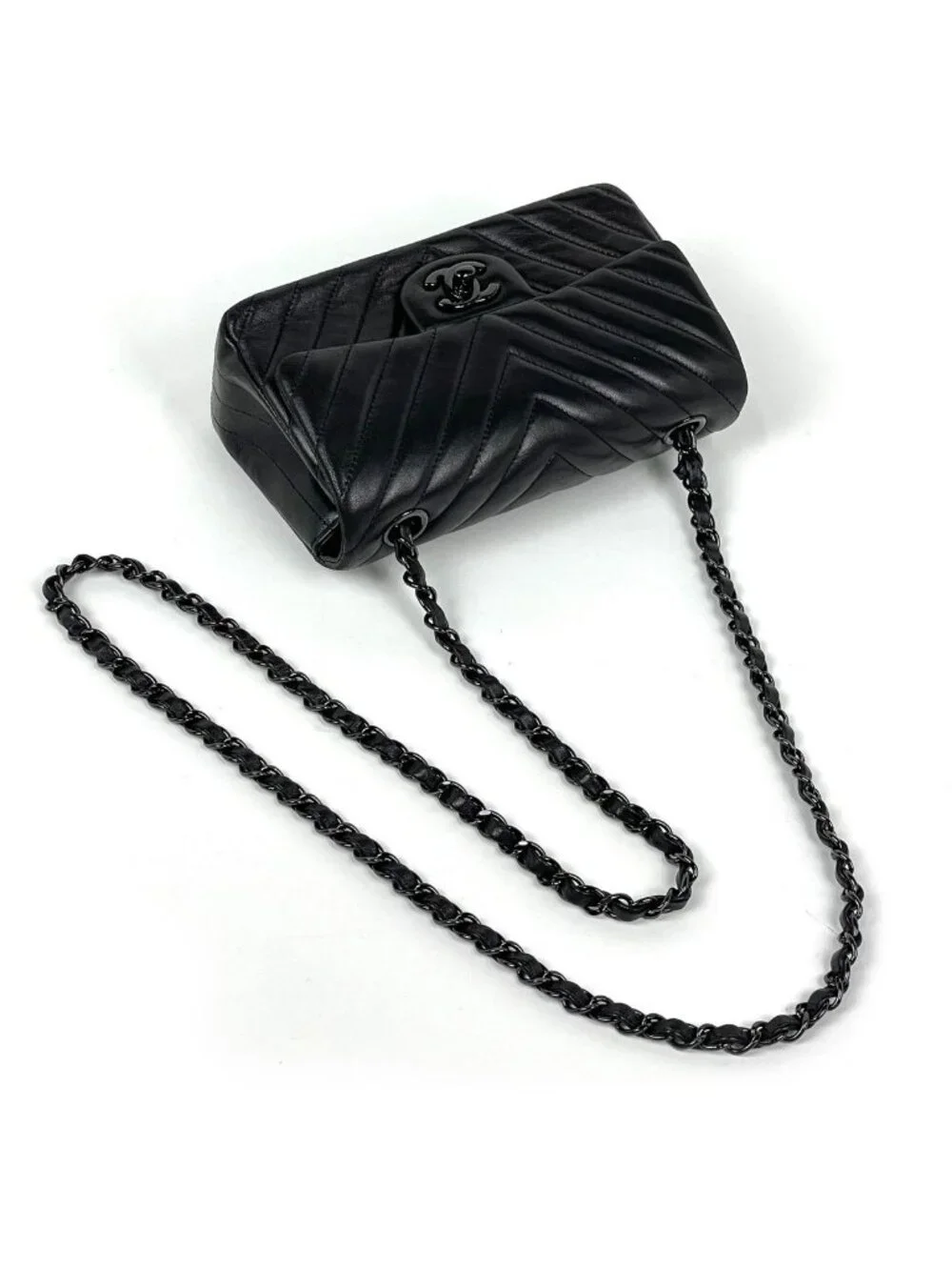 Chanel Stitch Chain Shoulder Bag CC Logo Blanc Leather Black